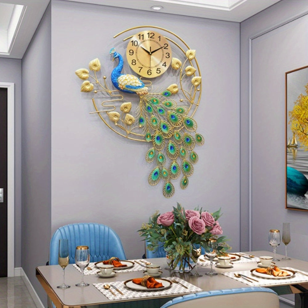 Large Luxury Wall Clock 25.6x36.6 Inch - Silent Non-Ticking Golden Pheasant-Inspired Round Decorative Clock with Crystal Accents & Arabic Numerals - For Living Room, Bedroom, Office - Battery Operated (AA Not Included) - Premium Home Decor Gift