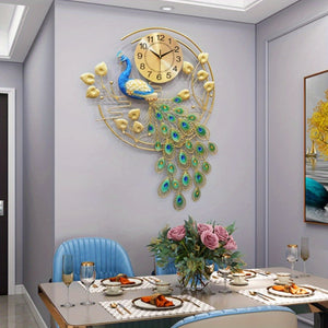 Large Luxury Wall Clock 25.6x36.6 Inch - Silent Non-Ticking Golden Pheasant-Inspired Round Decorative Clock with Crystal Accents & Arabic Numerals - For Living Room, Bedroom, Office - Battery Operated (AA Not Included) - Premium Home Decor Gift