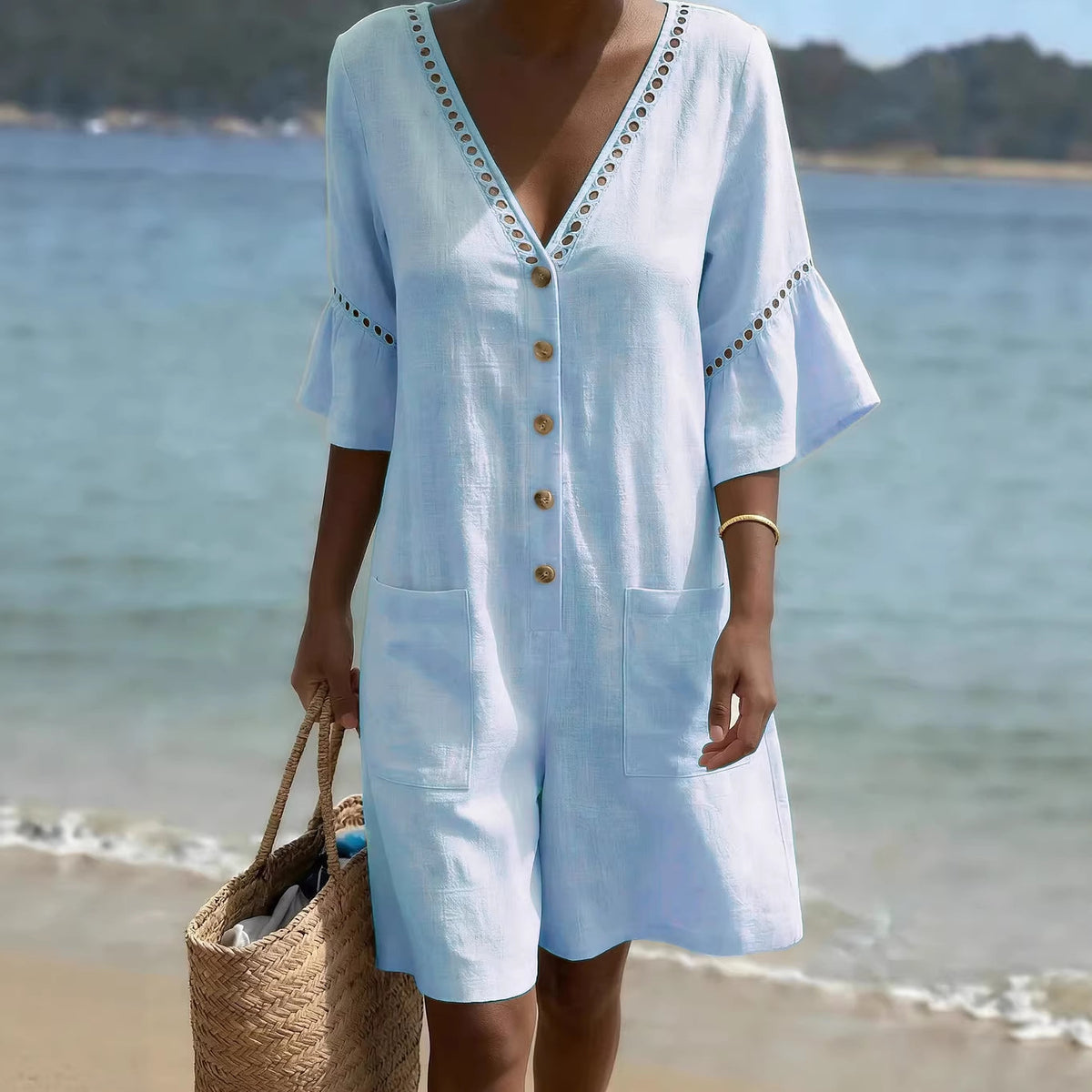 Lace-Trimmed V-Neck Casual Jumpsuit
