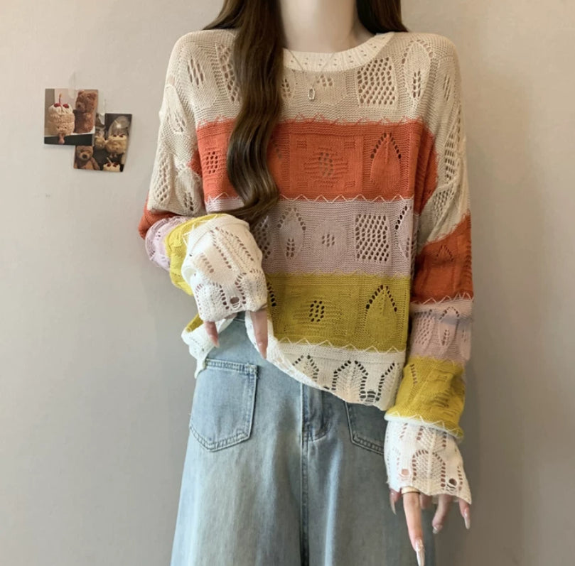 Womens Long-sleeve Knit Sweater with Colorful Stripes, Early Spring New Arrival