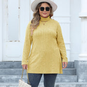 Women's Plus Size Turtleneck Slim Fit Striped Slit Mid-length Top