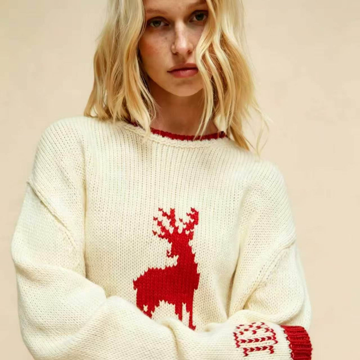Womens Crew-neck Sweater Long-sleeve Loose-fitting Top