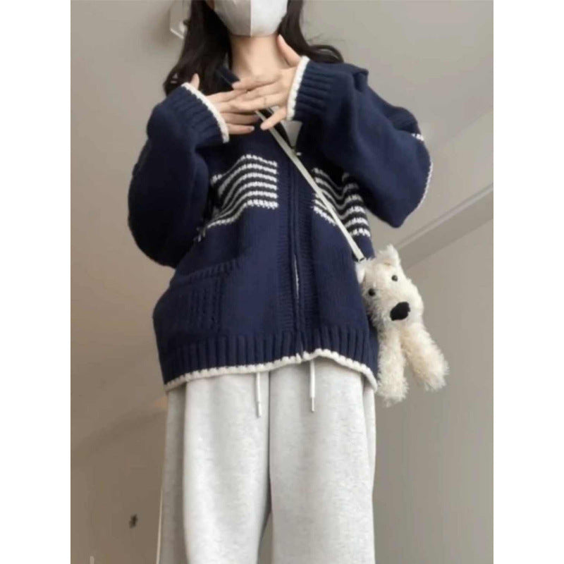 Hong Kong Style Chic Hooded Knit Cardigan Sweater Coat
