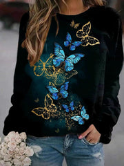 Floral Butterfly Print Loose Casual Pullover Sweatshirt