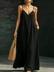 Summer V-neck Spaghetti Strap Flowy Maxi Dress - Casual Fashion Solid Color Long Dress for Women Vaction Dress