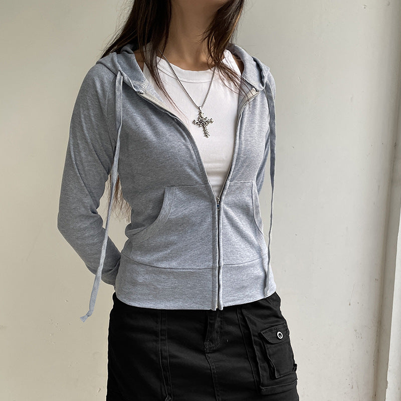 Women's Gray Ribbed Hooded Zip-Up Short Cardigan Sweater