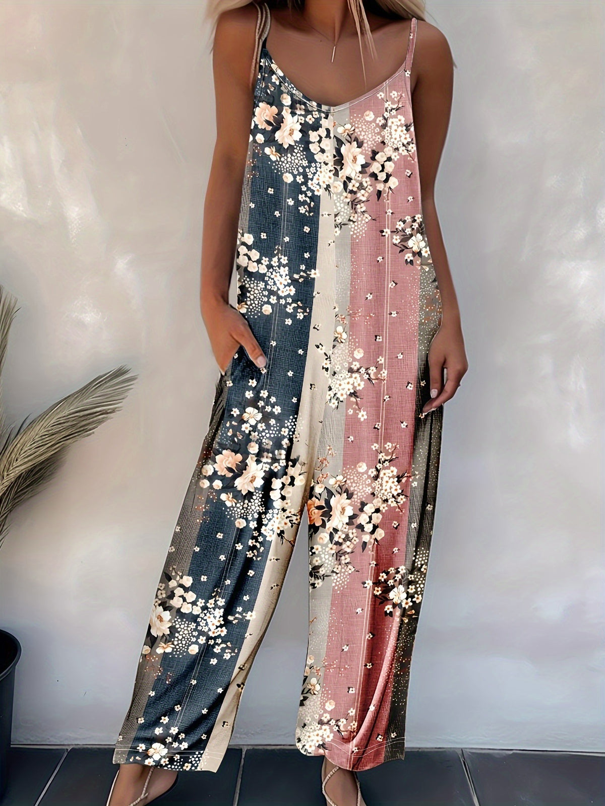 Women's Casual Strappy Printed Sleeveless Jumpsuit