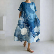 Floral Print Short Sleeve and Long Pattern Loose Dress
