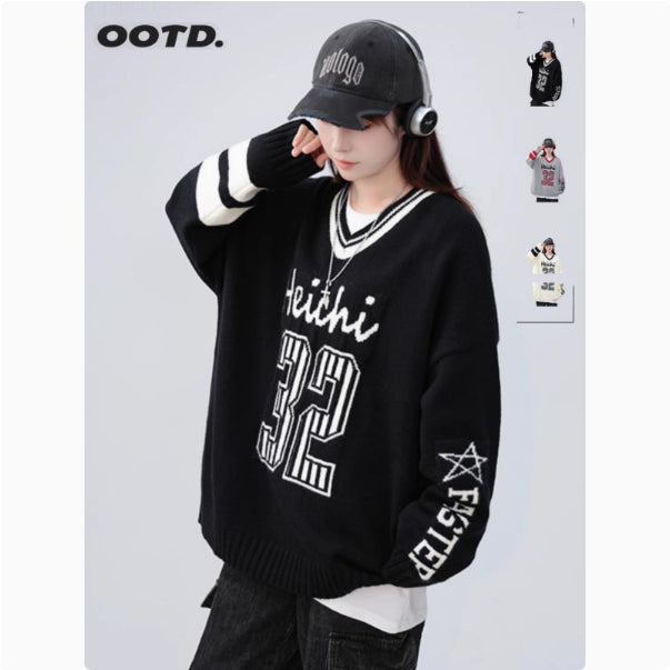 Contrast Color Digital Print Loose Pullover Sweater