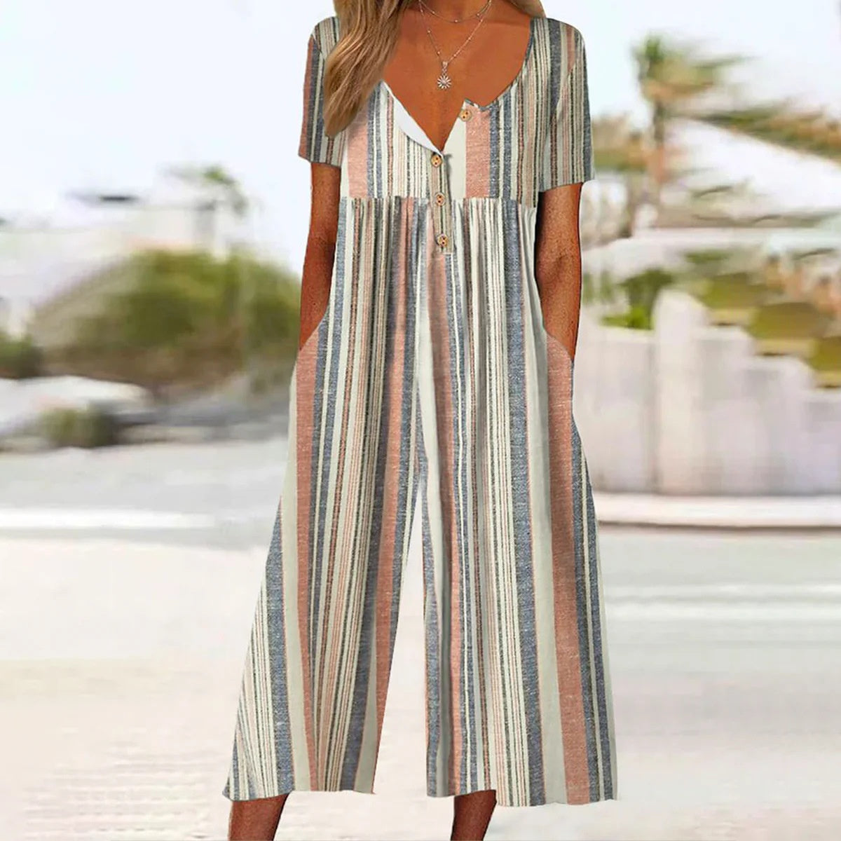 European And American Spring And Summer Hot-selling Printed Pocket Button Jumpsuit