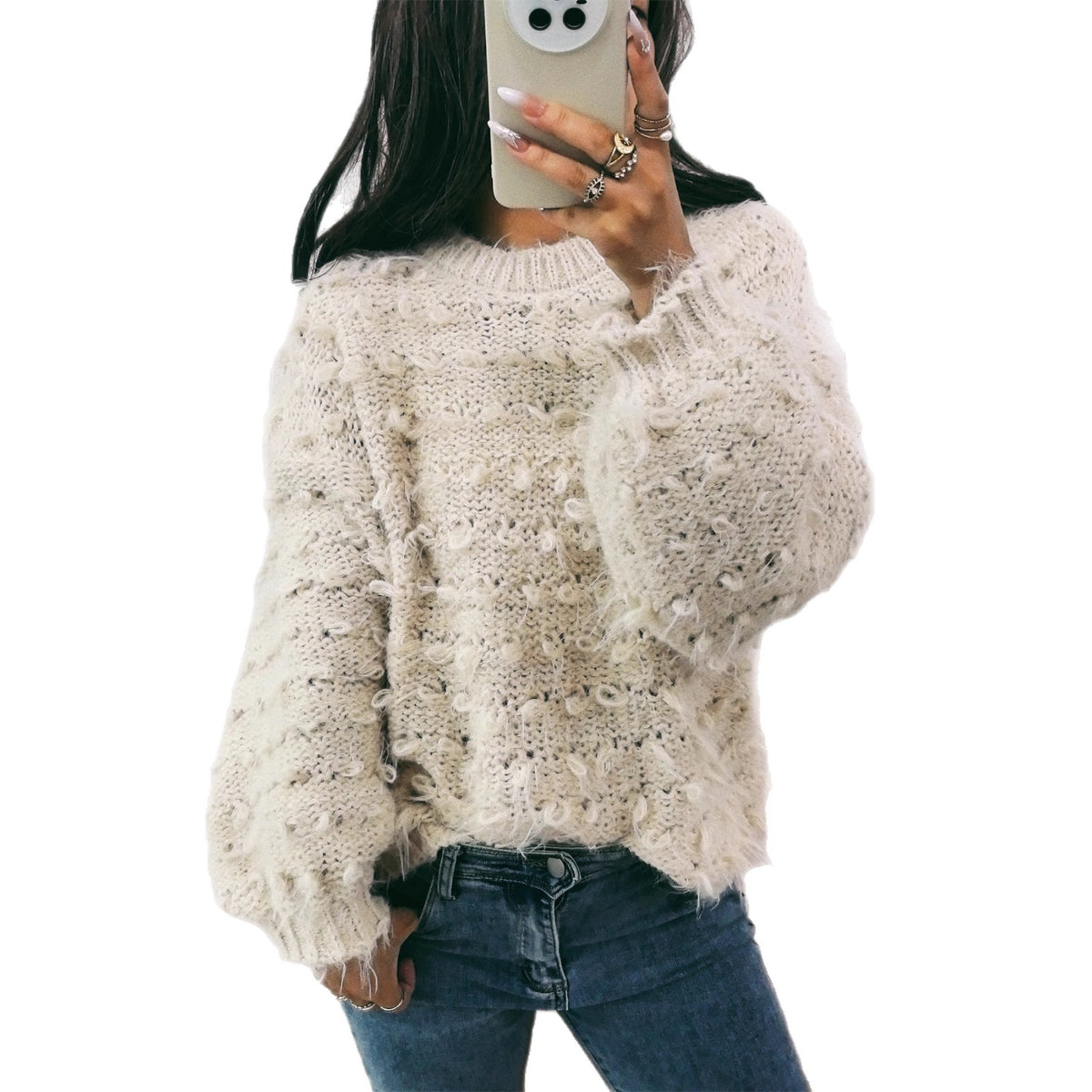Casual Thickening Knitted Solid Color Round Neck Loose Sweater for Women