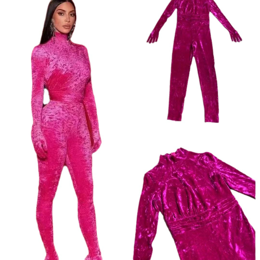 Chic Rose Red Half Turtleneck Jumpsuit for Women
