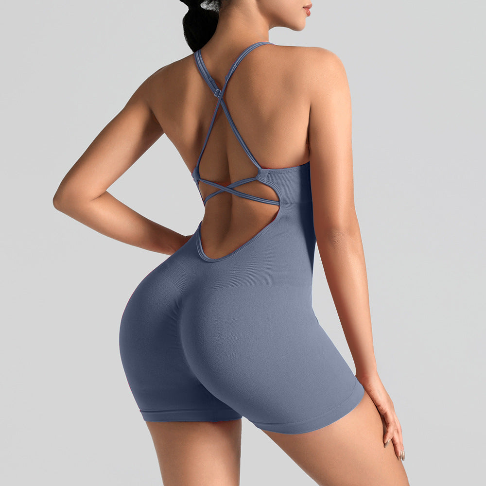 Seamless One-Piece Yoga Jumpsuit, Outdoor Back-Support Sports Bra, Peach Butt Fitness Outfit, Strappy Skin-Tight Bodysuit