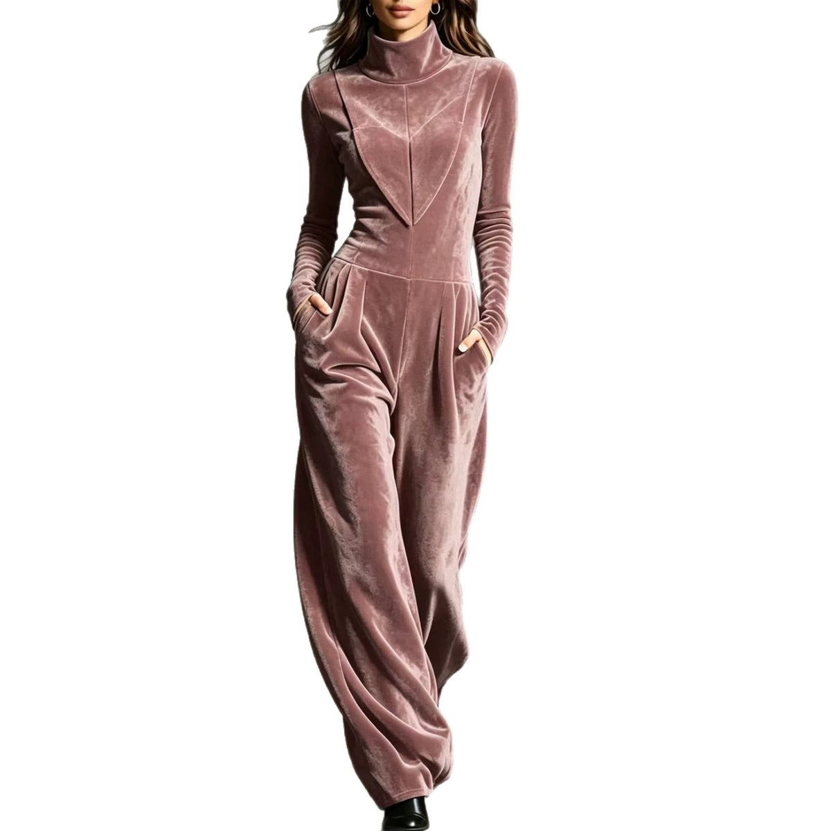 Women's Casual Turtleneck Long-Sleeve Solid Jumpsuit
