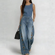 High-waisted Loose-fit Cutout Metal-detail Denim Jumpsuit