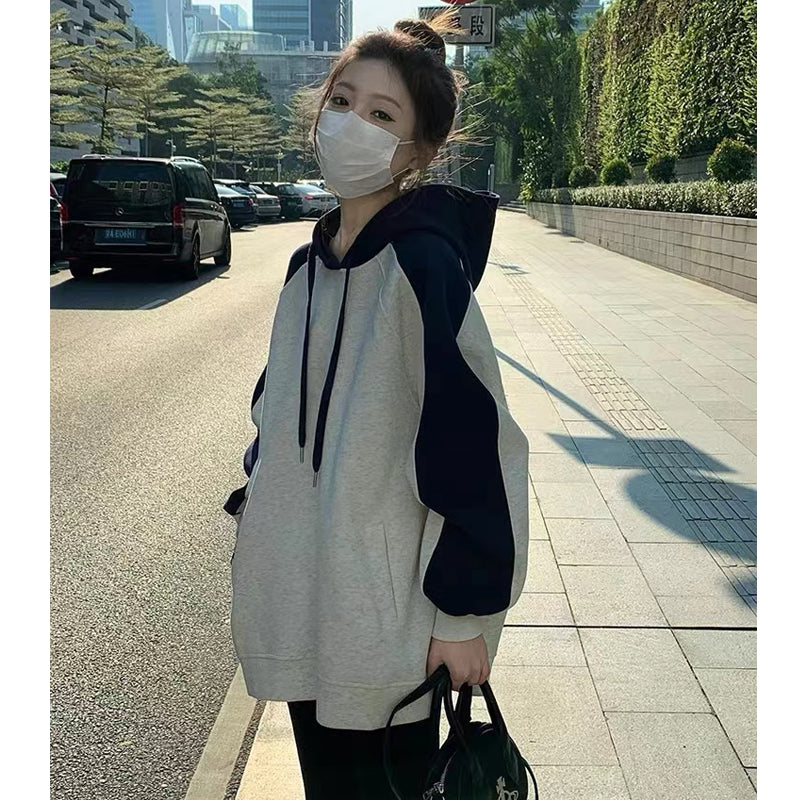 Retro Contrast Color Hooded Baggy Sweatshirt
