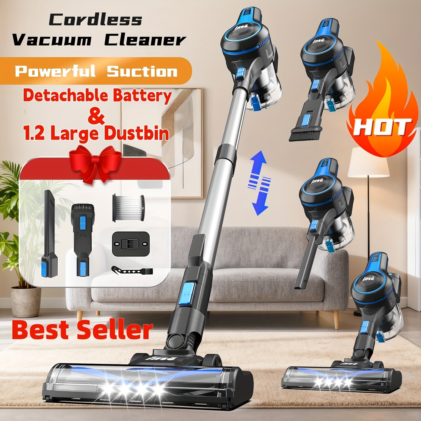 INSE Vacuum Cleaners for Home, 46KPa, 6-in-1 Rechargeable Powerful Handheld Vacuum Cleaner/High Suction/Detachable Battery, Running Time 45 Minutes, 50.5oz Dust Cup, LED Brush, Vacuum Cleaners for...