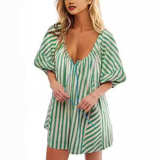 Striped V-Neck Short Sleeve Loose Casual Jumpsuit