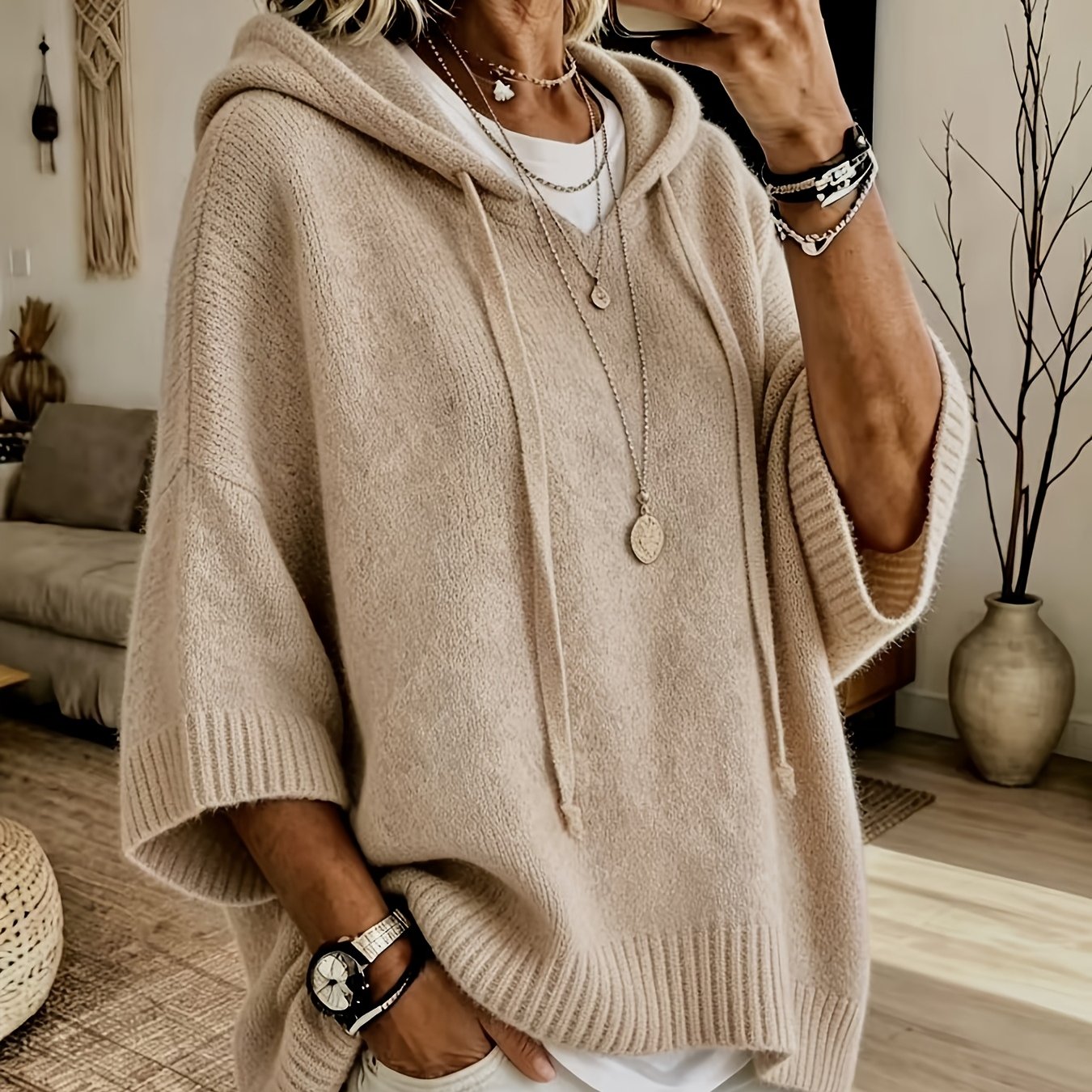 Plus Size Women's Casual Hooded Sweatshirt – Drawstring, Loose Fit for Spring and Autumn