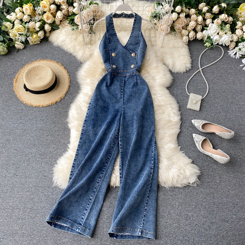 Elegant Neck-hanging Sleeveless Open-back High-waist Slimming Wide-leg Pants