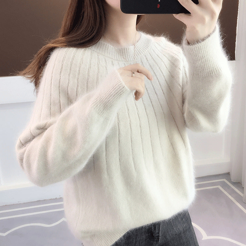 Womens Solid Color Short Pullover with Round Neck Loose Fitting Outerwear and Base Layer Knit Top