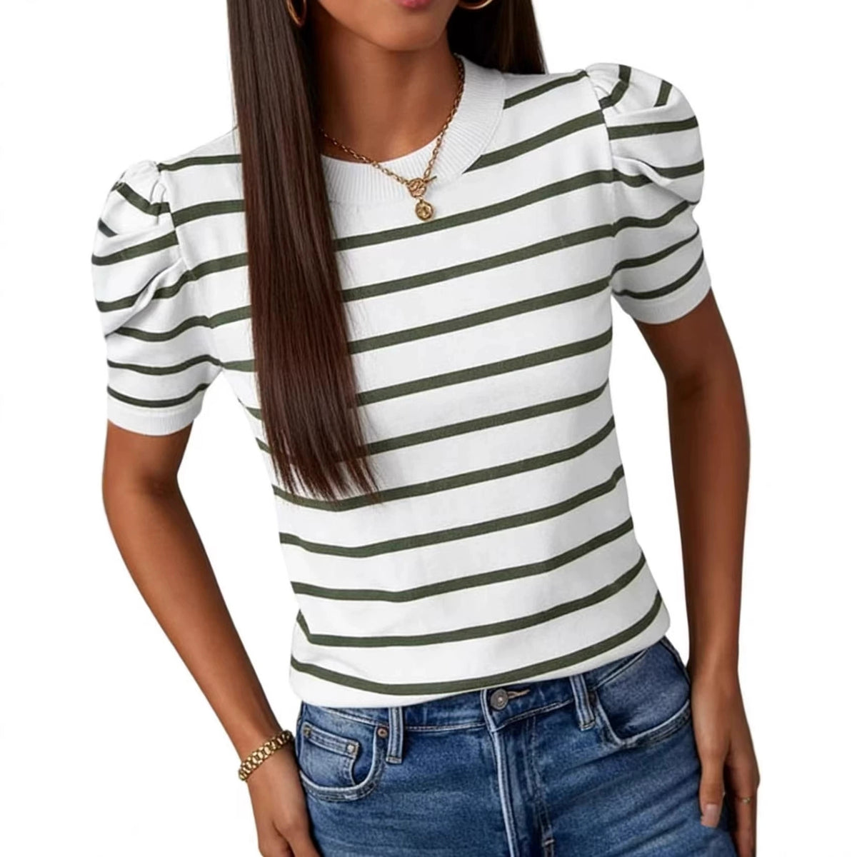 Round-neck French Retro Striped Knit Sweater for Women with Puff Sleeves and Slim-fitting Slimming Effect