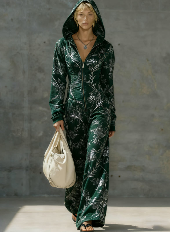 Printed Casual Hooded Zip-Up Slim-Fit Jumpsuit