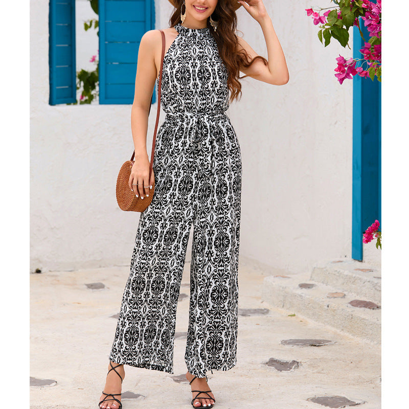 Bohemian Resort-Style Halterneck Defined-Waist Jumpsuit