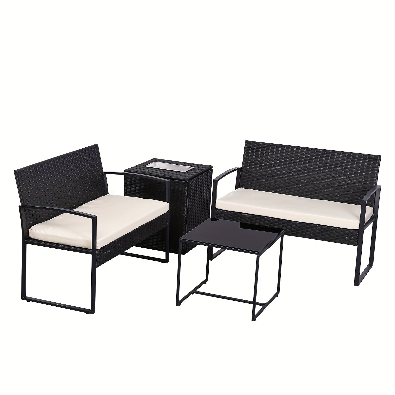 4pcs Outdoor Patio Furniture Set, Wicker Patio Sofa Set with Built-in Ice Bucket Storage Box, Loveseat And Coffee Table, All-Weather Outdoor Conversation Set, Ideal for Garden, Porch, Backyard