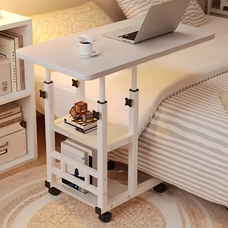 Mobile Laptop Table Height-Adjustable Mobile Laptop Table - 4-Wheel Rolling Study/Workstation Desk with Dual Shelves for Bedside/Dorm/Office Use, Sturdy Modern Finish (Space-Saving Design)
