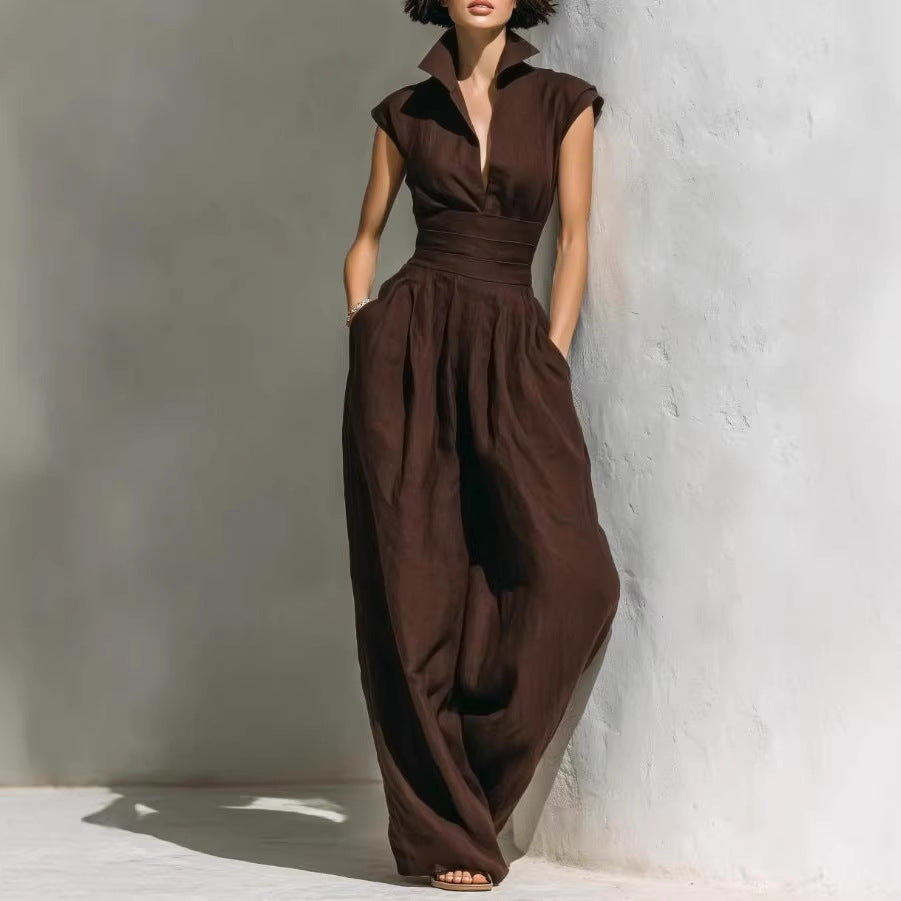 Elegant Pleated Waist-Cinching Solid Women's Jumpsuit