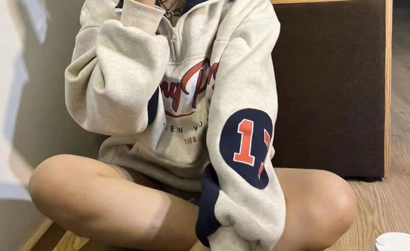 Women's Vintage Zip Polo Sweatshirt - Retro Loose Pullover