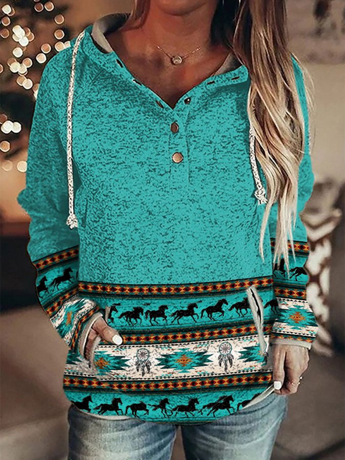 Retro Animal Nature Print Button Hoodie