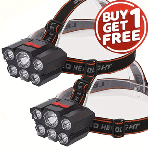 Buy 1 Get 1 Free, Total Of 2pcs Multifunctional 5LED Headlight Head Mounted Flashlight Outdoor USB Charging Fishing Headlight Strong Bald Head Light 4-Mode Headlight Flashlight, Used For Outdoor Ru...