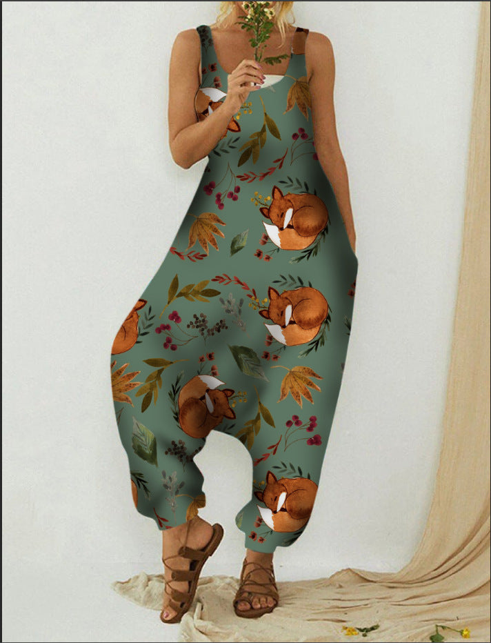 Cute Plus Size Animal Print Casual Beach Romper Overalls