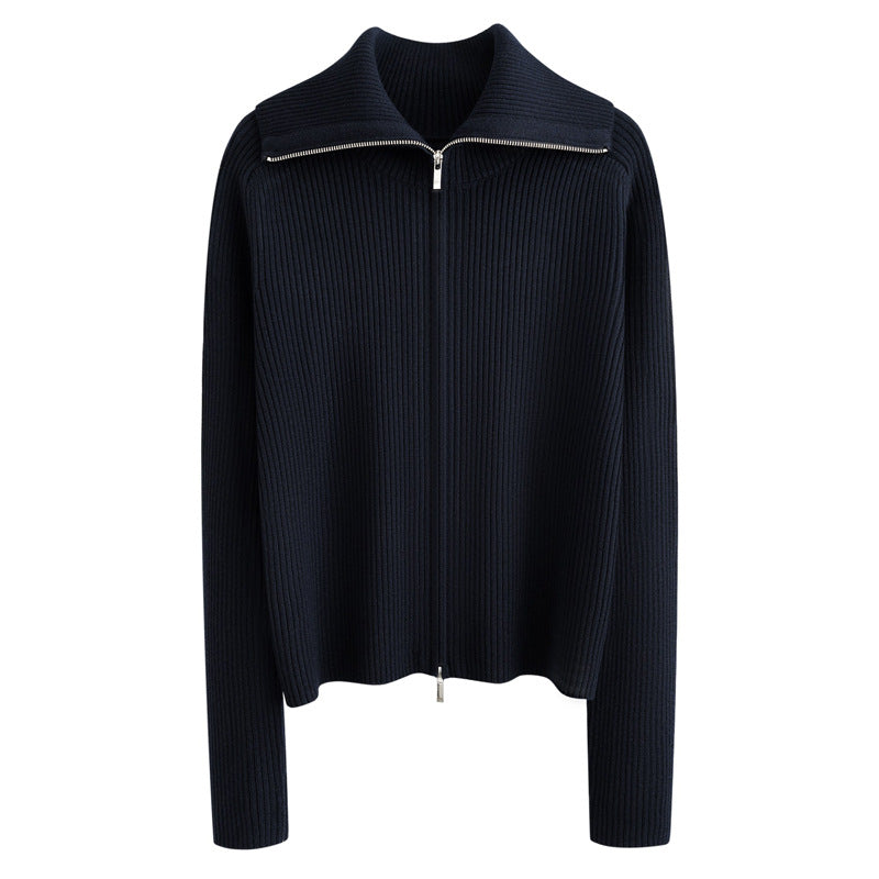 Wool Lapel Knitted Cardigan Relaxed-fit Jacket with Double Zippers