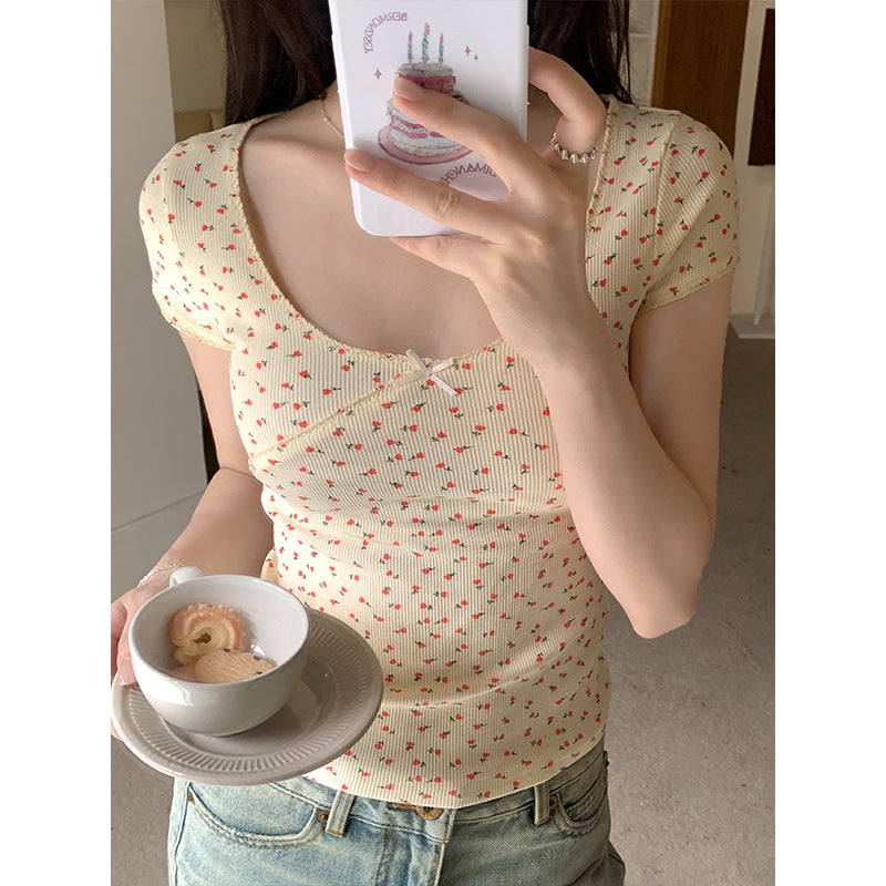 Floral Bow Short-Sleeve Scoop Neck Tee