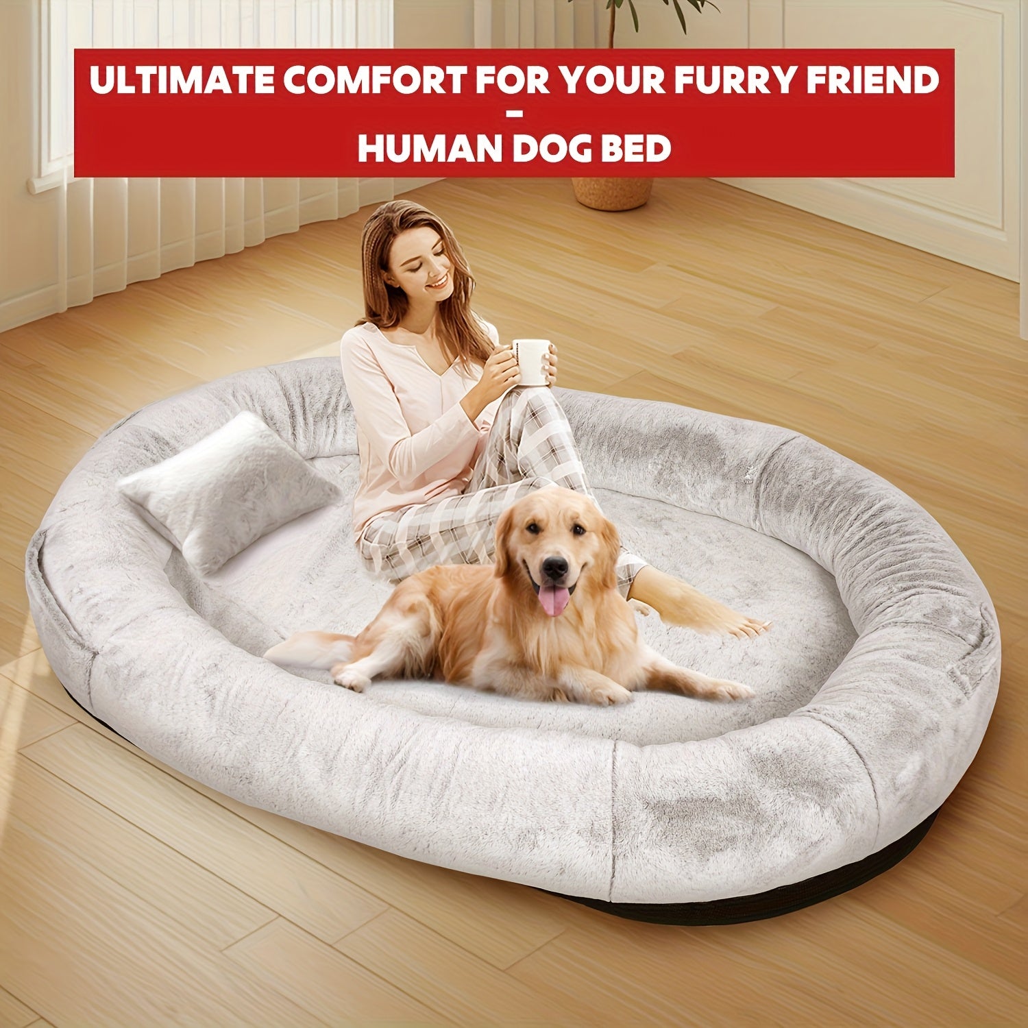 Luxury Oversized Orthopedic Dog Bed For Adults & Puppies - Giant Faux Fur Pet Lounger With Removable Washable Cover, Grey Oval Bed Frame - Compatible With All Dog Sizes (large Breed-friendly) -