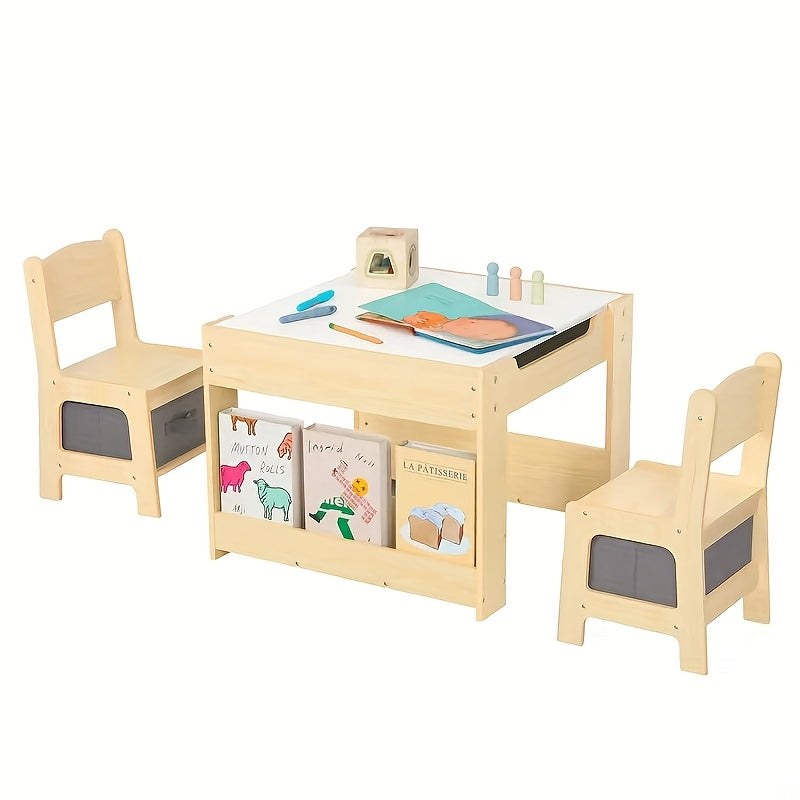 3‑in‑1 Kids Table and Chair Set with Double‑Sided Desktop and Toy Storage, Wood