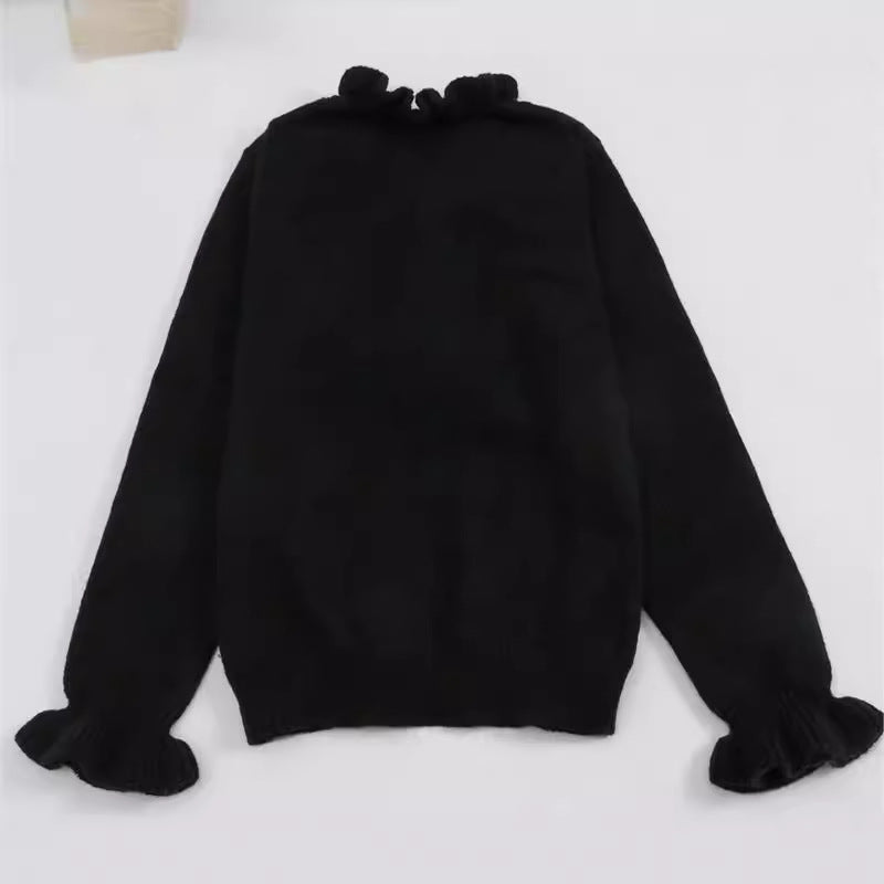 Long-sleeve Ruffled V-neck Knit Sweater
