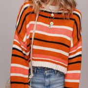 Orange Stripe Drop Shoulder Cropped Pullover Sweater