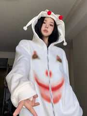 Women's White Zip-Up Loose Sweater
