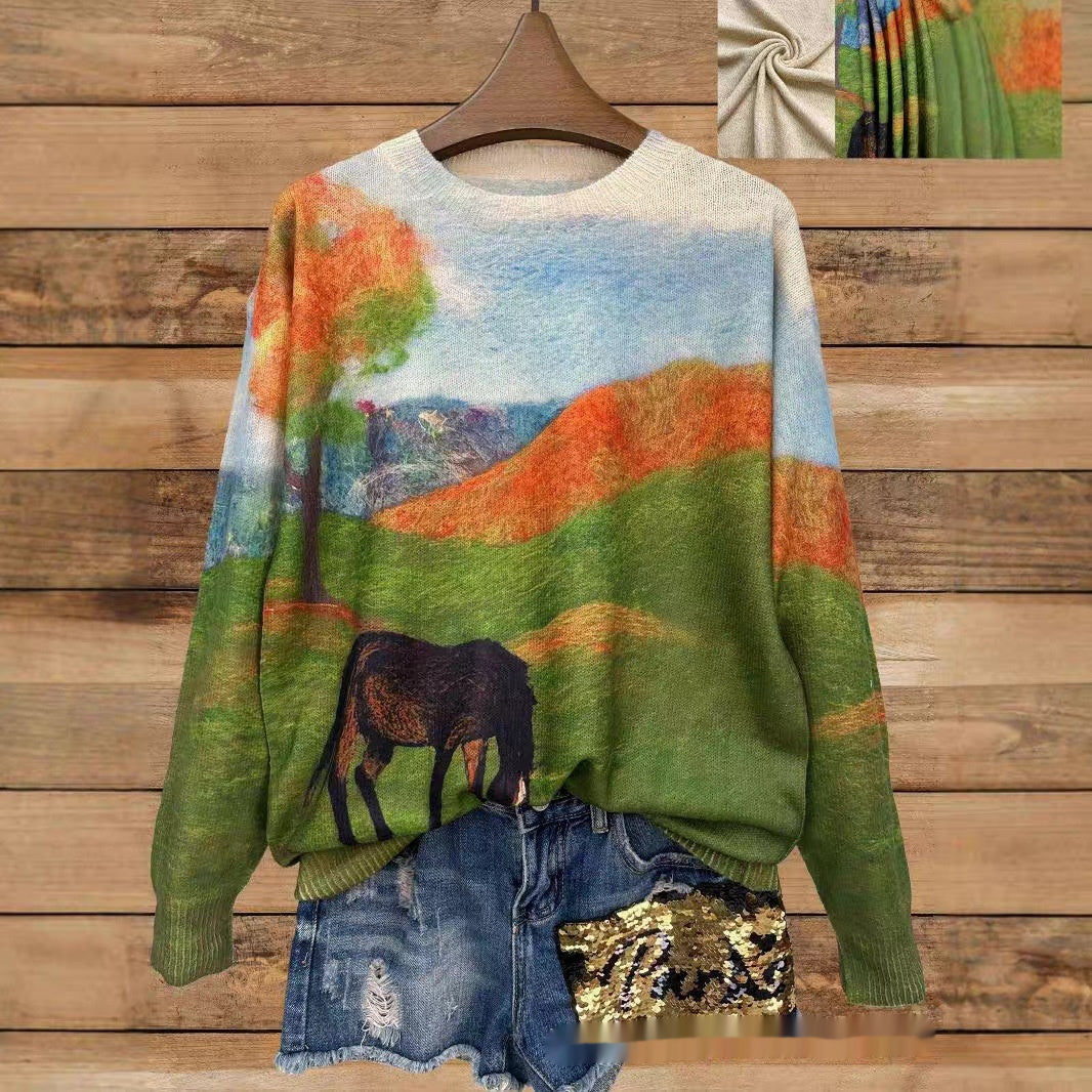 Chic Printed Long Sleeve Knitted Casual Top