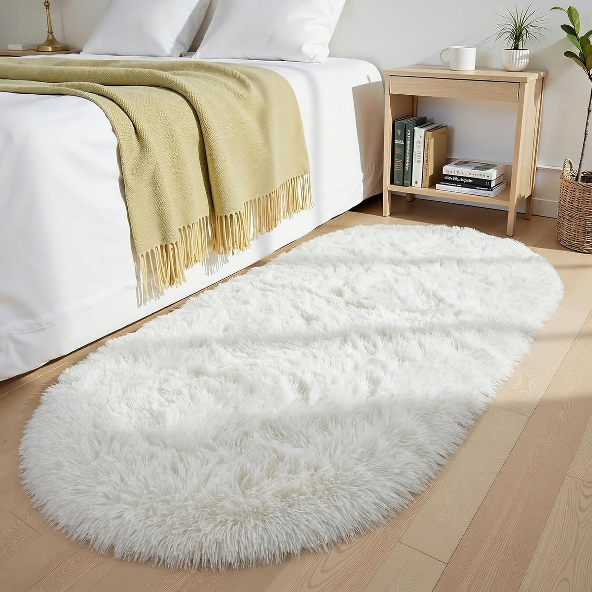 Ivory Fluffy Oval Rug 2.6x5.3 Ft, Soft Washable Area Rug for Bedroom, Living Room, Nursery and Home Decor