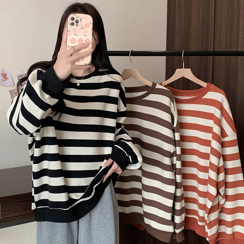 Retro Striped Crew Neck Casual Sweatshirt for Women