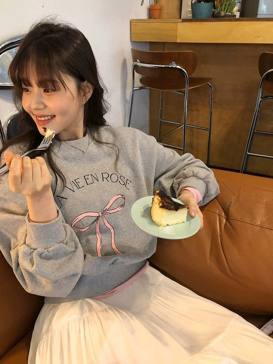 Chic Bowknot Print Loose Cotton Sweatshirt for Women