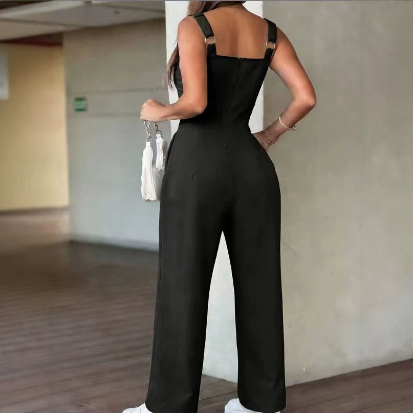 Spring Summer Strap-Style Zippered Simple Casual Fashionable Womens Jumpsuit