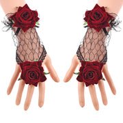 Burgundy Rose Lace Gloves & Bracelet Set