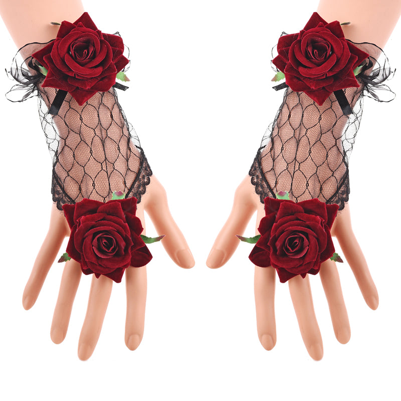 Burgundy Rose Lace Gloves & Bracelet Set