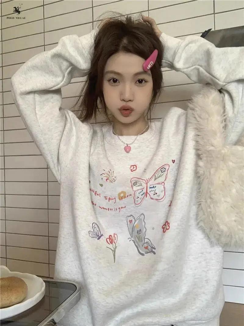 Retro Oversized Crewneck Cotton Sweater for Women